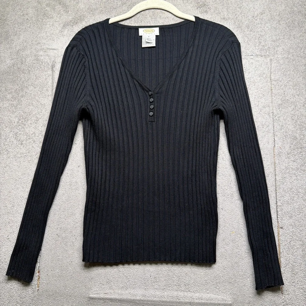Talbots Henley Sweater Charcoal Ribbed Knit Petite Medium‎ Stretch